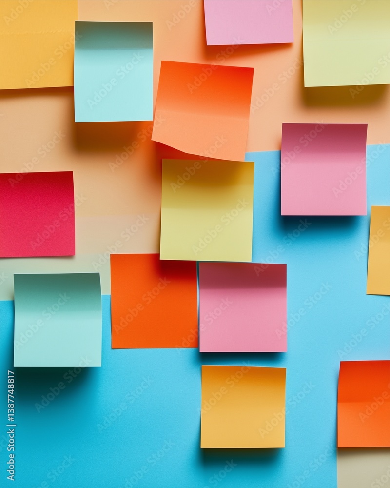 Poster colorful sticky notes: a vibrant composition of multicolored sticky notes, meticulously arranged on 