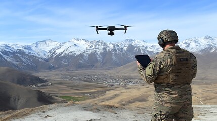 Naklejka premium Drone pilot mountain surveillance.