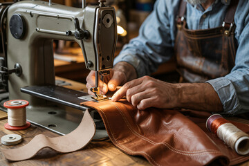 upholstery restoration close-up showing precision stitching on leather chair