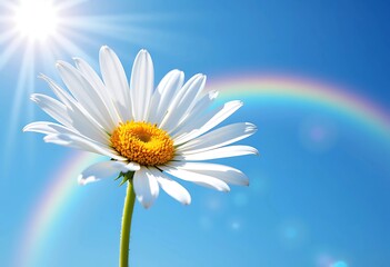 Bright Daisy Flower Against Clear Blue Sky with Rainbow Effect