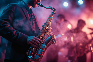 Fototapeta premium modern jazz band performing on stage in smoky club, with saxophonist playing passionately. vibrant lights create lively atmosphere, enhancing musical experience
