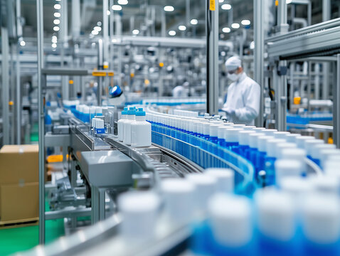 modern cosmetics factory featuring high tech equipment and automated production lines. Workers in protective gear oversee efficient manufacturing process, ensuring quality and safety