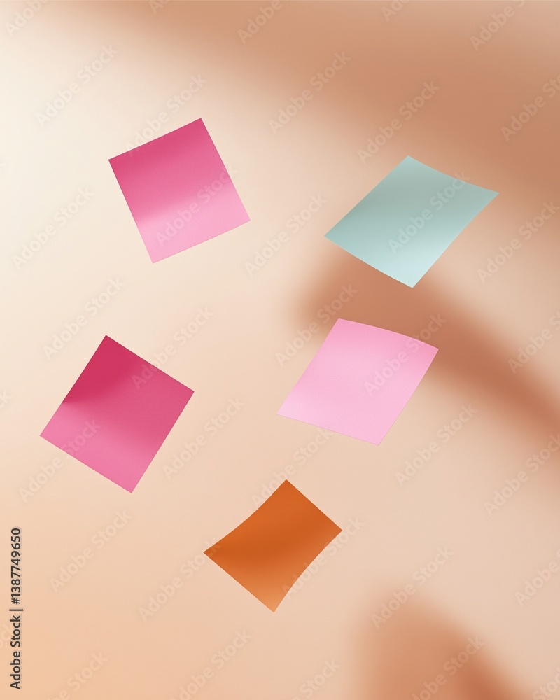 Poster levitating notes: a minimalist composition of colorful sticky notes floats in mid-air against a soft