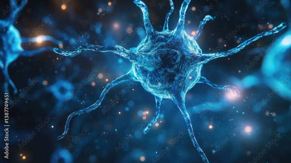 Poster close-up 3d render of a human cell on a blue background, featuring detailed macro photography with a