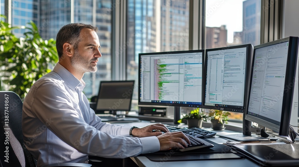Aufkleber Man works on multiple computer screens in modern office.