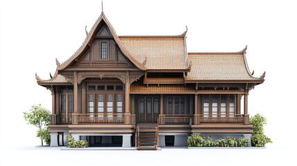 Obraz premium Traditional Thai house with intricate wooden details and lush greenery