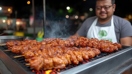 Delicious skewers grilling over hot coals.  A food vendor prepares savory, grilled meats on skewers