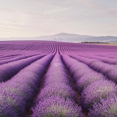 Lavender Fields in Bloom: An expansive field of vibrant lavender stretches towards the horizon under a soft, pastel sky, creating a serene and picturesque landscape of Provence.