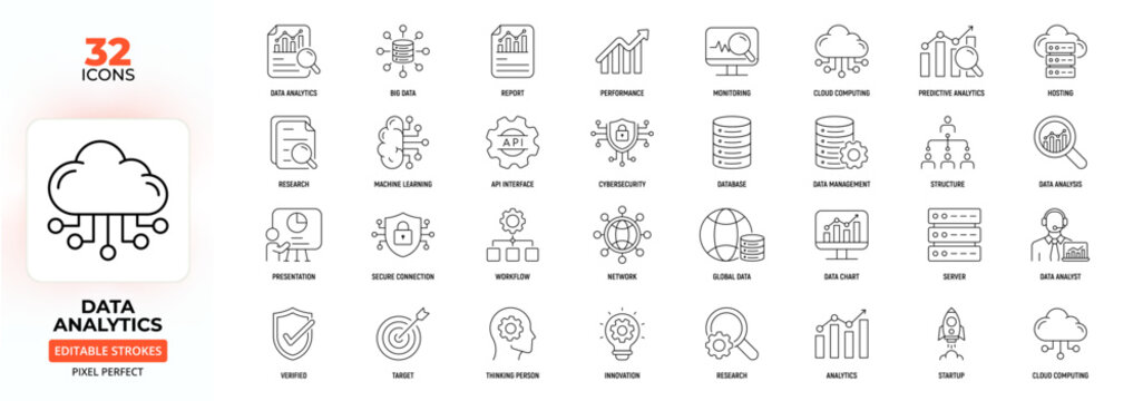 Data Analytics Line Icons &ndash; Cloud, Machine, Big Data, Performance, Editable Stroke.