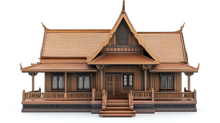 Fototapeta premium Traditional Thai house with intricate wooden details on white background