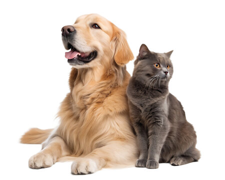 Golden retriever and british shorthair cat ai png, isolated on a white background