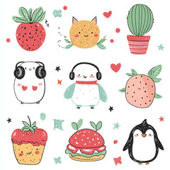 A collection of cute, hand-drawn style illustrations featuring anthropomorphic food and animal characters. Includes a smiling banana, a cheerful mushroom with a tiny face, a sleepy moon hugging a star