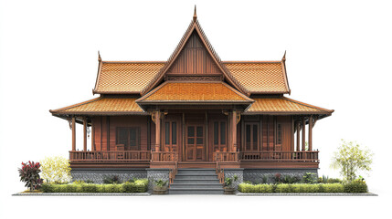 Traditional Thai house with wooden architecture and lush greenery
