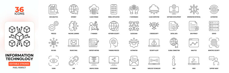Information Technology Line Icons – Cloud, Data, Security, Networking, AI, Editable Stroke.