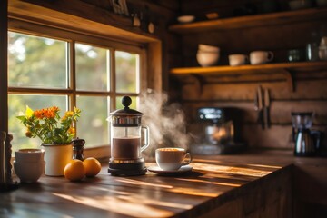 Steaming cup of coffee sits next to French press on wooden countertop in cozy rustic kitchen with bright window light