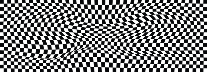 Seamless checker pattern with black and white squares, creating chess board texture. Retro psychedelic checkered wallpaper. Wavy groovy chessboard surface. Distorted geometric pattern.