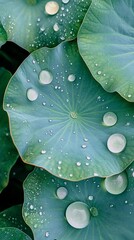 Close-up of lotus leaves with water droplets glistening on the surface