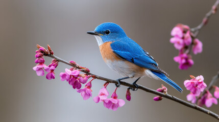 Fototapeta premium Bluebird and Cherry Blossoms: A striking bluebird perches gracefully on a branch adorned with delicate cherry blossoms, creating a moment of serene beauty and the tranquility of spring.