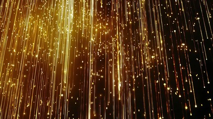 Glowing golden threads cascade like liquid light in intricate curtain formation against dark abstract space, creating a luxurious shimmering effect with delicate reflections and dynamic movement. Idea