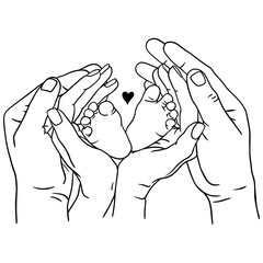 Line art of baby feet held by parents' hands with a heart. Symbol of love, family, and protection.