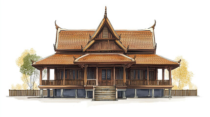 Fototapeta premium Traditional Thai house with ornate roof and wooden structure