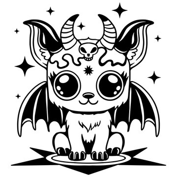 Cute demon cat with bat wings, horns, and skull. Mystical black and white silhouette vector