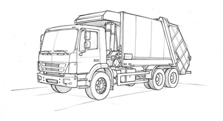 Detailed Line Art Sketch of a Generic Waste Management Vehicle on Road