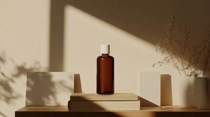 Minimalist still life with a brown bottle, books, and a white vase holding floral branches, in soft warm tones.