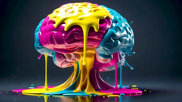 Vibrant melting brain sculpture in neon colors symbolizing creativity explosion