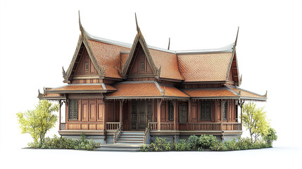 Obraz premium Traditional Thai house with ornate roof and wooden structure, surrounded by greenery