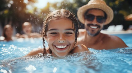 Happy girl smiling and swimming with father in pool during summer vacation