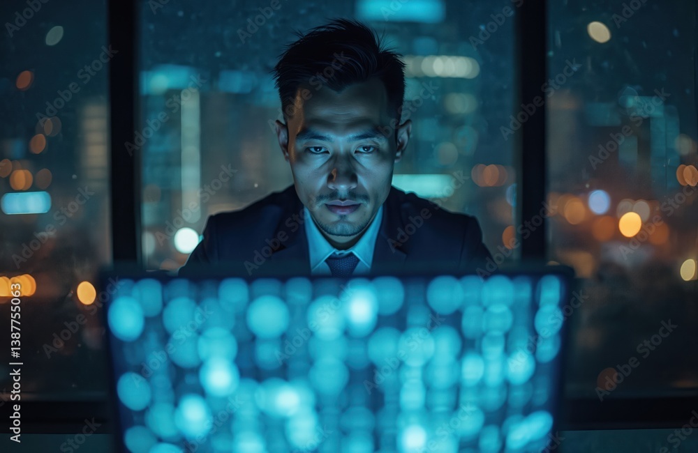 Poster Businessman works late night at computer. Coding strategy with futuristic holographic overlay, data analytics. Man in dark office uses pc for information technology. Focus on coding. Success in