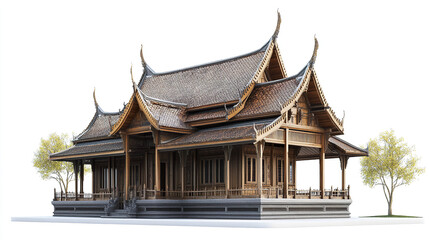 Obraz premium Traditional Thai house with intricate wooden design and elegant roof curves