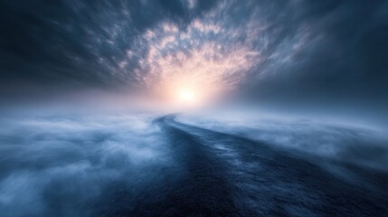 Obraz premium A path shrouded in swirling fog, the destination revealed only by the gradual brightening of the horizon. 4k