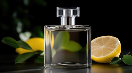 Perfume bottle, lemons, leaves