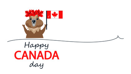 Happy canada day backdrop with beaver holding maple leaf  illustration. Congratulatory background for card for Canada holiday.
