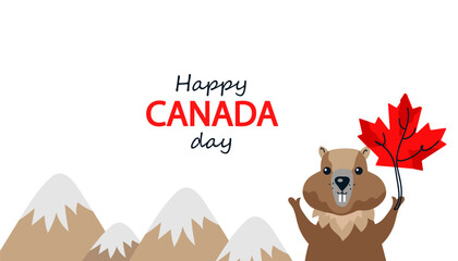 Happy canada day backdrop with beaver holding maple leaf and snowy mountains illustration. Congratulatory background for card for Canada holiday. © Olga