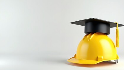 Illustration construction worker hard hat with graduation cap. Represents concept education in construction industry, skilled labor, career development. Signifies achievement, construction jobs,