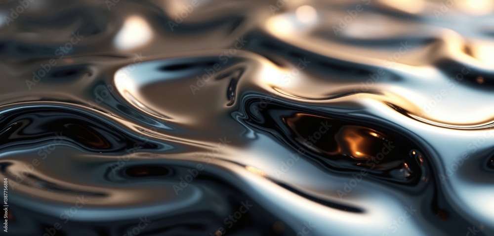 Fototapete Abstract 3D rendering of liquid silver metallic texture. Glossy chrome background with smooth, wavy, fluid lines. Modern design with futuristic aesthetic. Perfect for tech, industrial, luxury themes.