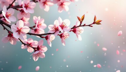 Fototapeta premium Thin and delicate branches of a cherry blossom tree, leafy, white