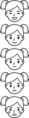 Cartoon girl face emotional scale, from sad to happy. Facial expressions of feelings and mental states. Cute and simple vector illustration set.