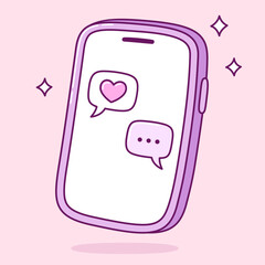 Smartphone text messaging chat, speech bubbles of couple in love texting. Cute cartoon illustration of love confession. Simple hand drawn doodle.