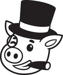 Funny cartoon capitalist pig caricature. Rich piggy boss with cigar, monocle and top hat. Cute vector illustration, black and white logo.