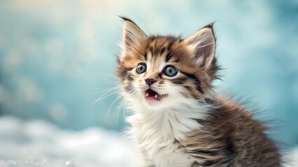 A fluffy tabby kitten with wide blue eyes and an open mouth, looking surprised or curious, set against a soft, light blue bokeh background with hints of white snow.