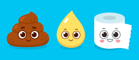 Cute cartoon poop, pee and toiler paper characters. Pile of feces, drop of urine and tissue roll with funny faces. Vector clip art illustration. Children potty training mascots.