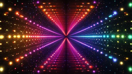 Mesmerizing symmetrical starburst of multicolored light dots radiating intricate geometric patterns on deep black background, vibrant digital art concept for tech presentation visuals, music video ove