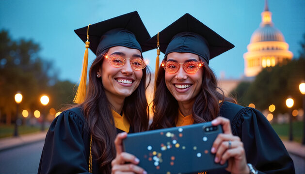 Hispanic and South Asian graduates joyfully taking a double selfie with confetti and glowing tassels at MIT's dome, celebration of achievement.