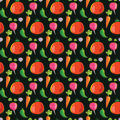 Colorful Seamless Pattern of Vegetables with Tomatoes, Carrots, and Radishes