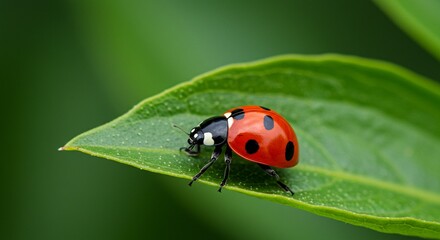Red spotted ladybug, a small beetle insect, rests on a green leaf in nature