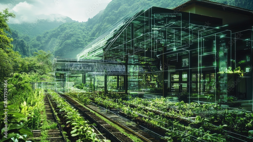 Poster augmented interface over a smart farming scene visualizing climate-smart, tech-driven agriculture